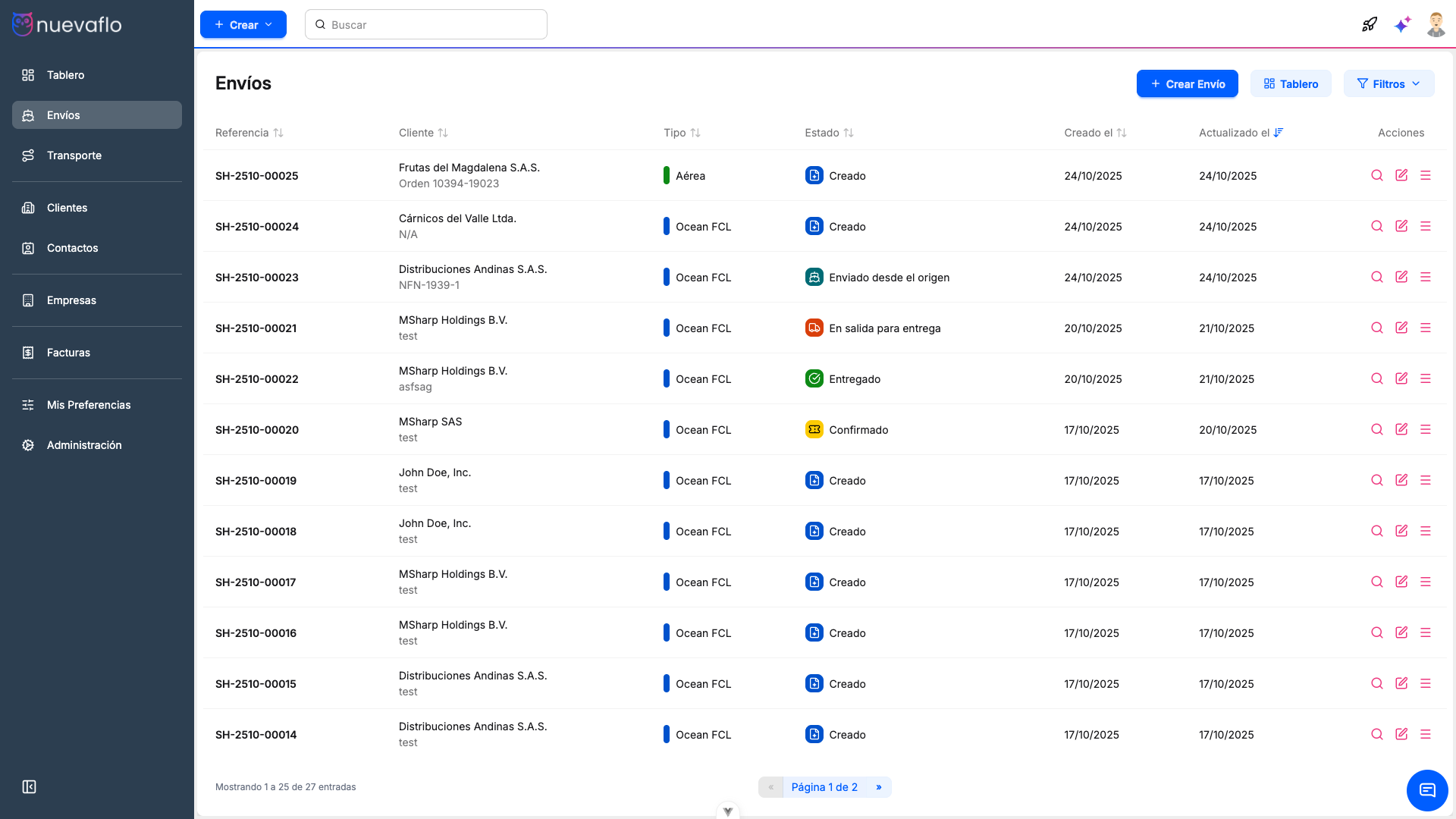 Vista de lista de envíos en modo claro en NuevaFlo